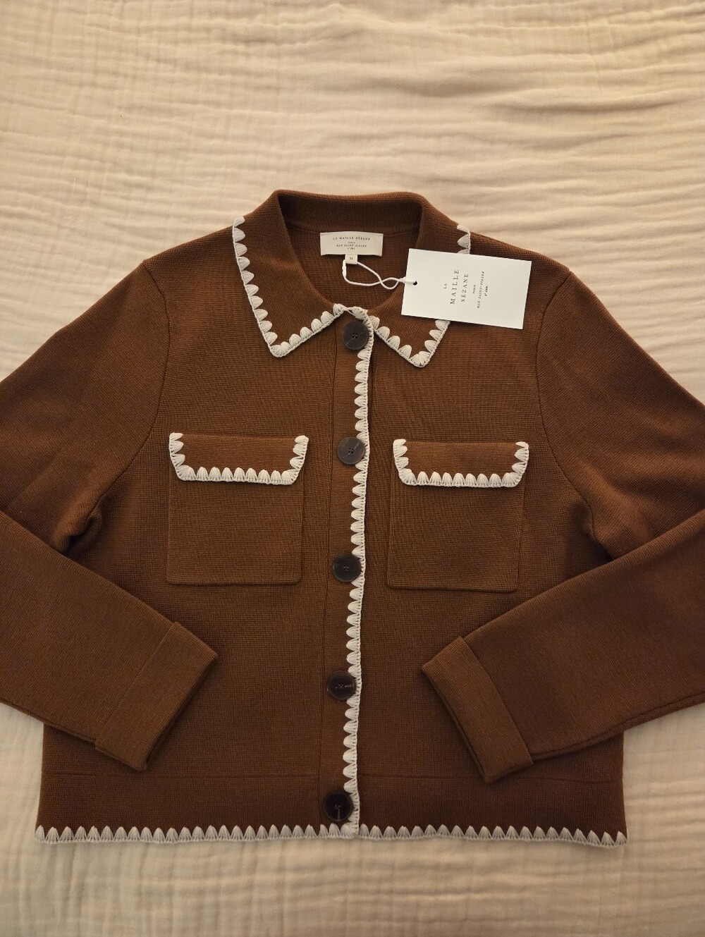 Sézane Betty Merino Wool Cardigan In Embroidered Mahogany And Cream